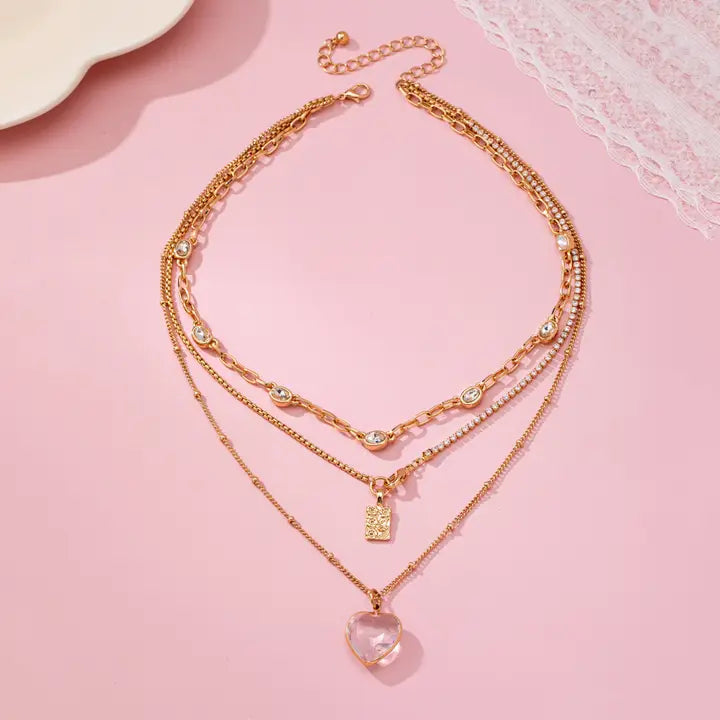 Multi Layered Rhinestone Heart Charm Necklace