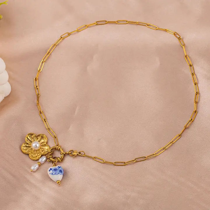 18K Stainless Steel 3 Charm Flower Necklace