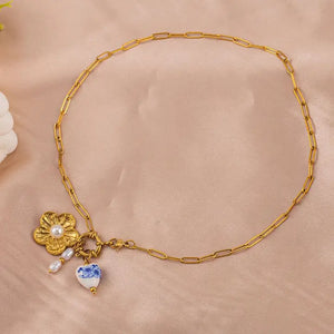 18K Stainless Steel 3 Charm Flower Necklace