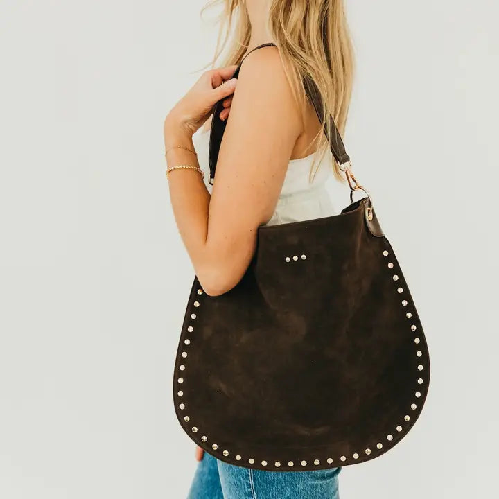 Pretty Simple Chocolate Rosalie Rivet Suede Hobo Bag