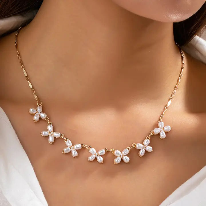 Gold Delicate Pearl Flower Necklace