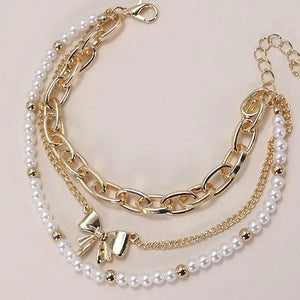Gold Bow + Pearl Link Trio Set Bracelets