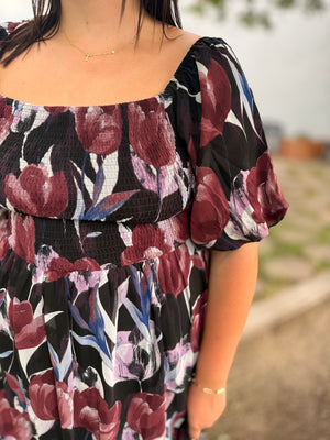 Black Plum Mix Floral Midi Dress