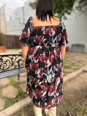 Black Plum Mix Floral Midi Dress