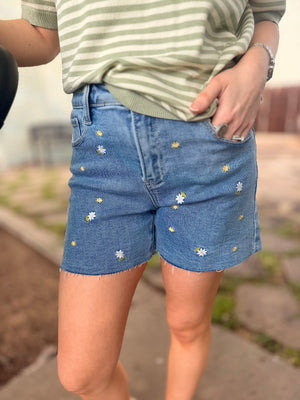 Risen Medium Wash High Rise Shorts w/ Floral Embroidery