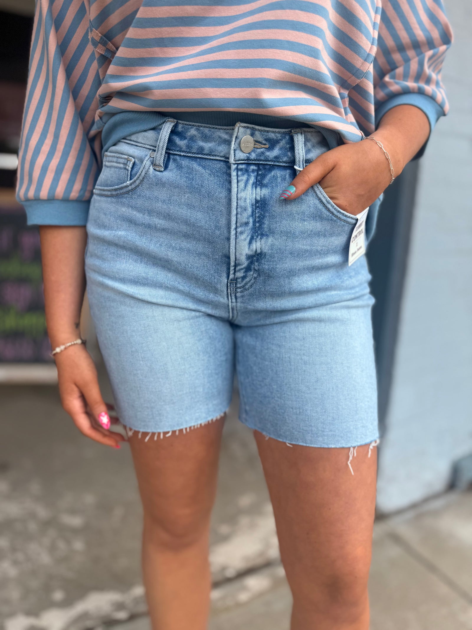 Risen Light Wash Tummy Control Mid Length Shorts
