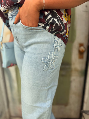 Risen Light Wash Slouchy Barrel Jean w/ Flower Patches