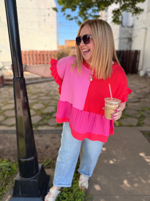 Davi & Dani Red + Pink Mixed Fabric Ruffled Top