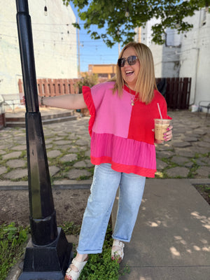 Davi & Dani Red + Pink Mixed Fabric Ruffled Top