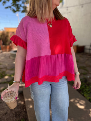 Davi & Dani Red + Pink Mixed Fabric Ruffled Top
