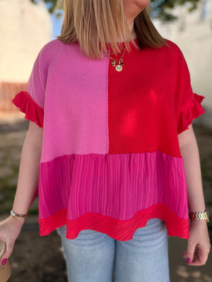 Davi & Dani Red + Pink Mixed Fabric Ruffled Top