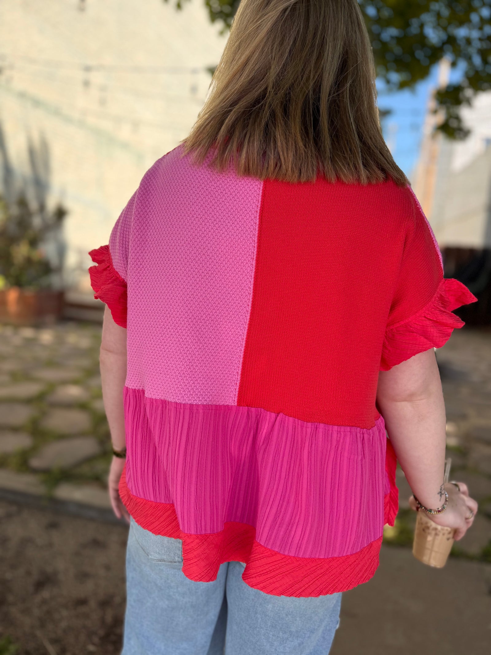 Davi & Dani Red + Pink Mixed Fabric Ruffled Top