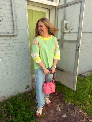 Easel Apple Green Stripe + Floral Oversized Top