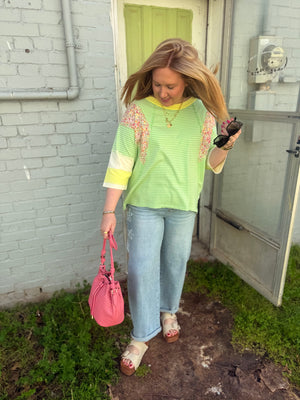 Easel Apple Green Stripe + Floral Oversized Top