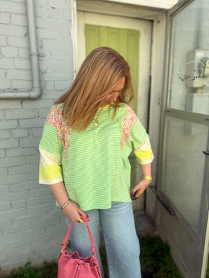 Easel Apple Green Stripe + Floral Oversized Top