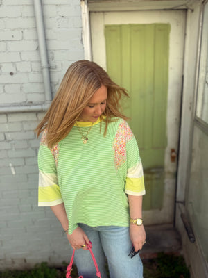 Easel Apple Green Stripe + Floral Oversized Top