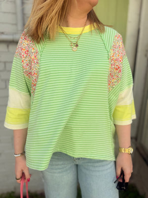 Easel Apple Green Stripe + Floral Oversized Top