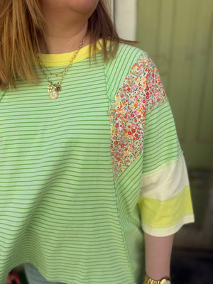 Easel Apple Green Stripe + Floral Oversized Top