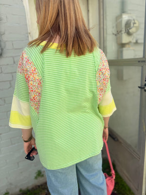 Easel Apple Green Stripe + Floral Oversized Top