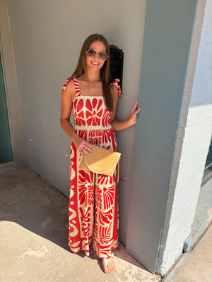 Davi & Dani Red Retro Geo Floral Knit Jumpsuit