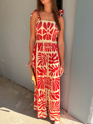 Davi & Dani Red Retro Geo Floral Knit Jumpsuit