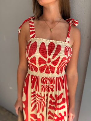Davi & Dani Red Retro Geo Floral Knit Jumpsuit