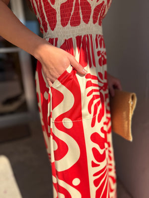 Davi & Dani Red Retro Geo Floral Knit Jumpsuit