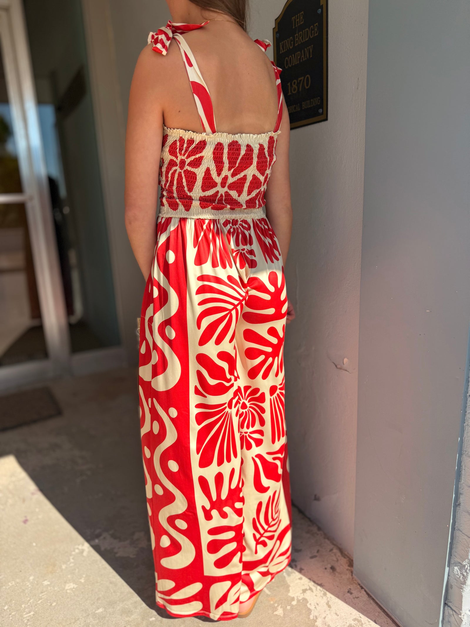 Davi & Dani Red Retro Geo Floral Knit Jumpsuit