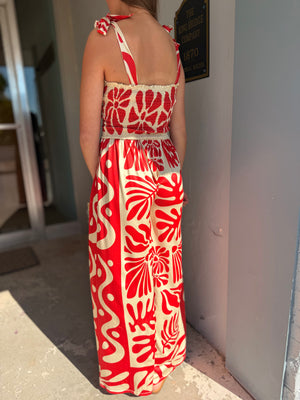 Davi & Dani Red Retro Geo Floral Knit Jumpsuit
