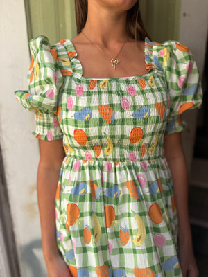 Davi & Dani Sage Checkered Puff Sleeve Dress w/ Fruit Print