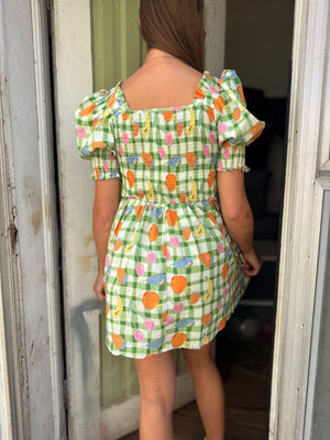 Davi & Dani Sage Checkered Puff Sleeve Dress w/ Fruit Print