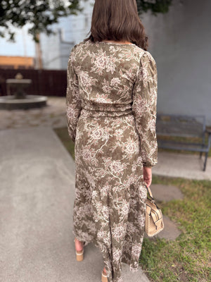 Olive Vintage Floral Tiered Maxi Dress