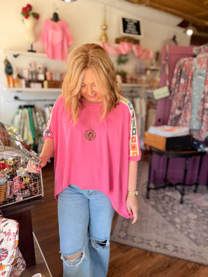 Davi + Dani Pink Top w/ Crochet Sleeve Detail