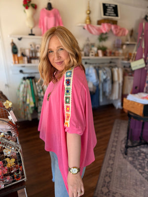 Davi + Dani Pink Top w/ Crochet Sleeve Detail