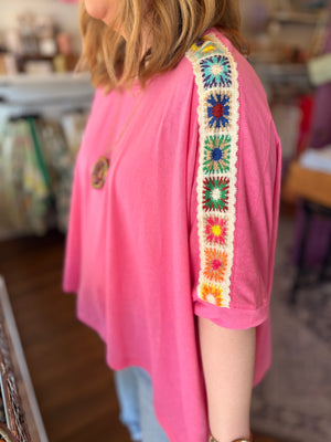 Davi + Dani Pink Top w/ Crochet Sleeve Detail