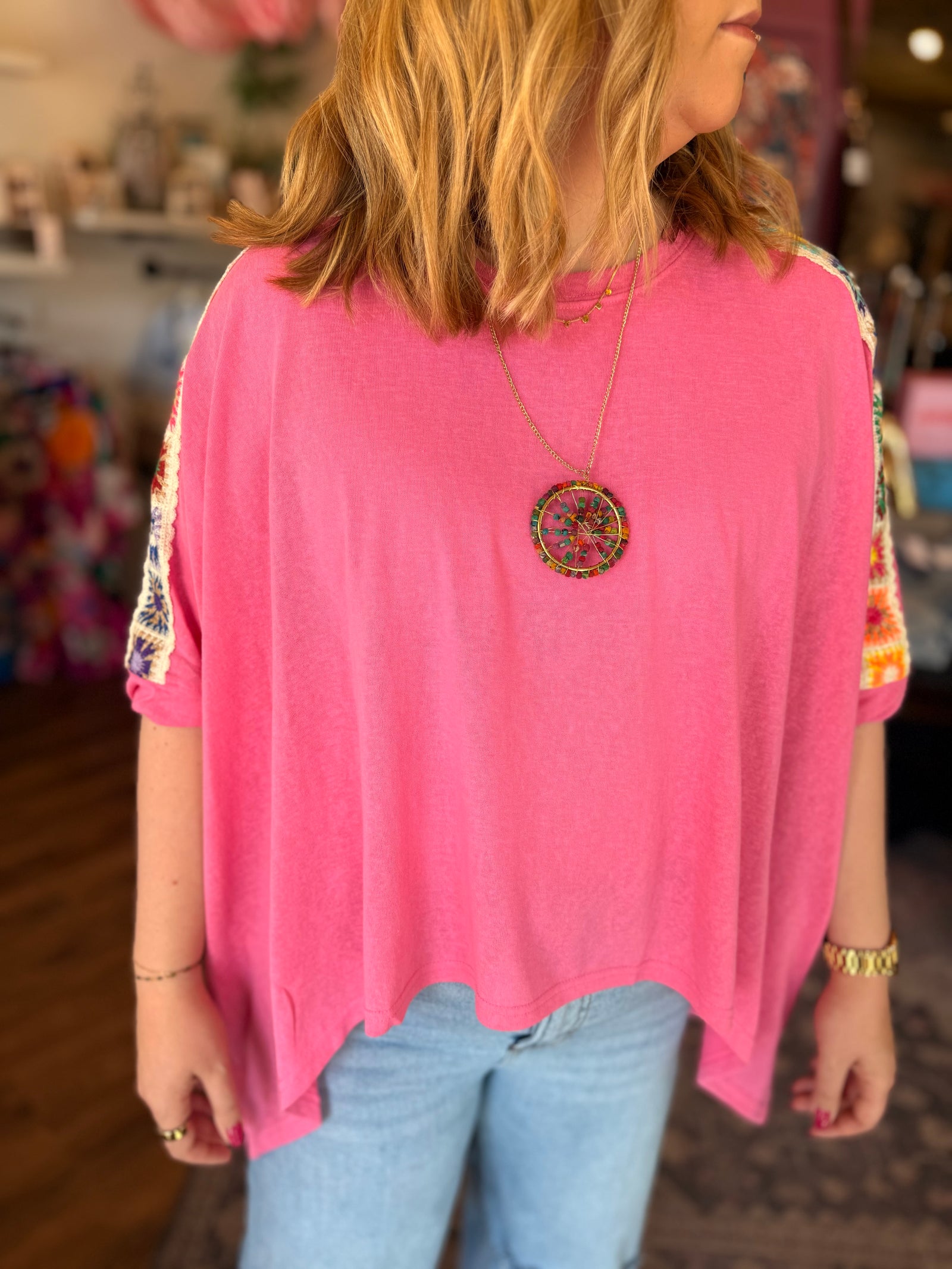 Davi + Dani Pink Top w/ Crochet Sleeve Detail