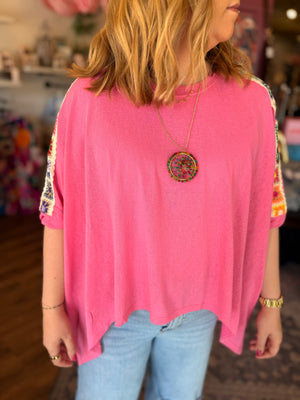 Davi + Dani Pink Top w/ Crochet Sleeve Detail