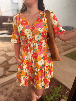 Easel Orange Mix Floral Print Flowy Dress
