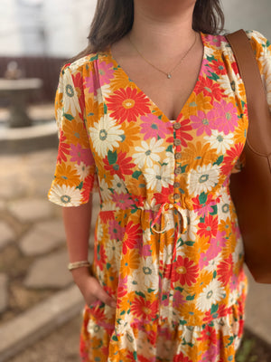 Easel Orange Mix Floral Print Flowy Dress
