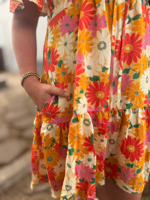 Easel Orange Mix Floral Print Flowy Dress