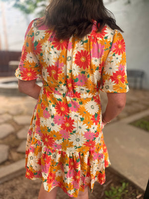 Easel Orange Mix Floral Print Flowy Dress