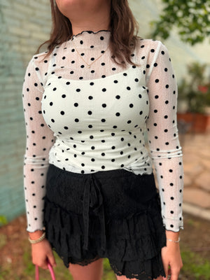 Davi & Dani White w/ Black Polka Dot Sheer Top