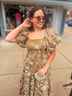 Hyfve Light Brown Floral Puff Sleeve Midi Dress