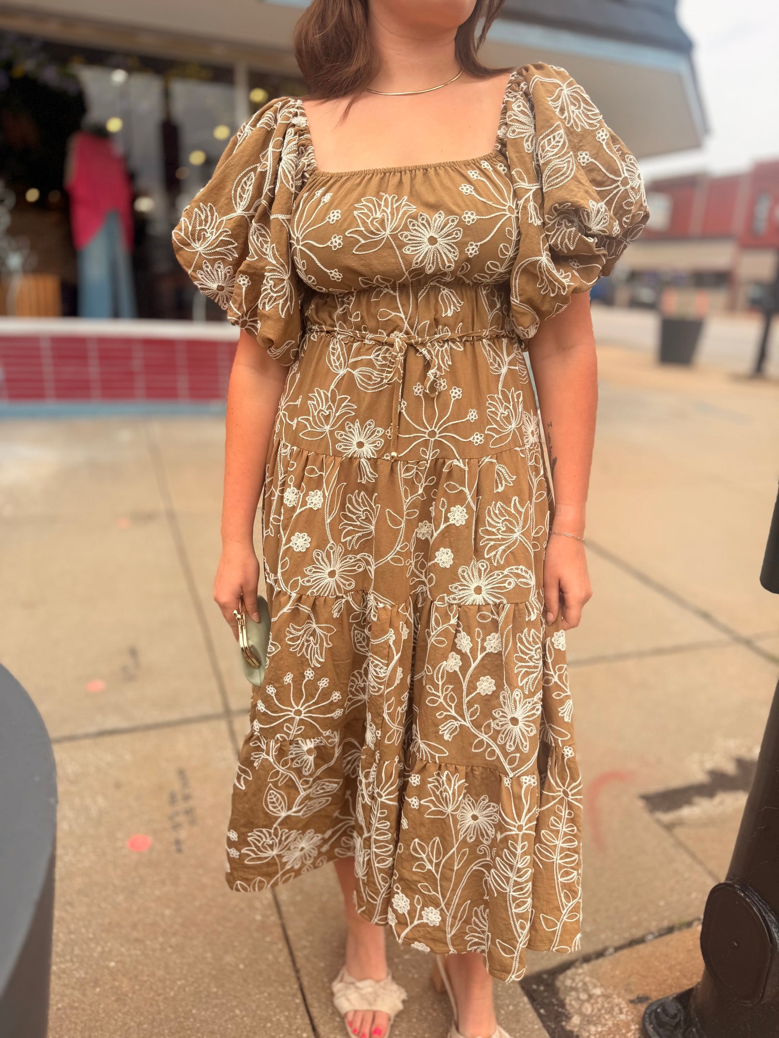 Hyfve Light Brown Floral Puff Sleeve Midi Dress