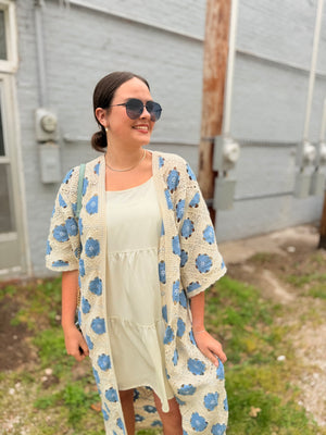 Pol Blue Floral Pattern Crochet Maxi Cardigan