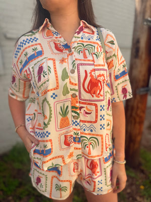 Sage + Fig Tropical Tile Button Up Top