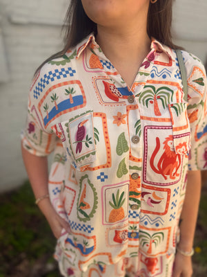 Sage + Fig Tropical Tile Button Up Top
