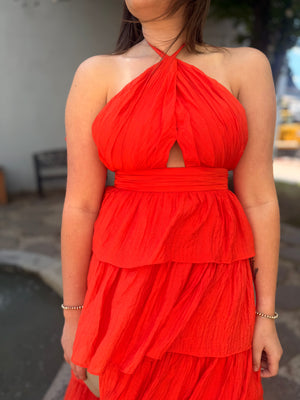 Olivaceous Orange Ruffled Maxi Dress