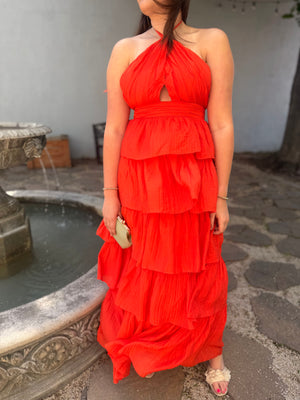 Olivaceous Orange Ruffled Maxi Dress