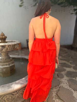 Olivaceous Orange Ruffled Maxi Dress